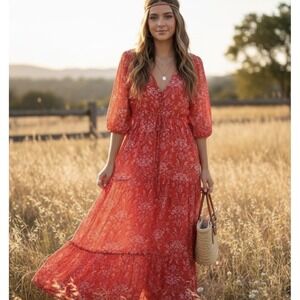 Abel the Label XS Red Floral Damask Tiered Maxi Dress Boho Cottage Prairie
